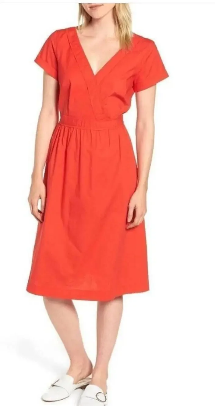 J. Crew Cotton Poplin Midi Dress Size 00 Red Orange
